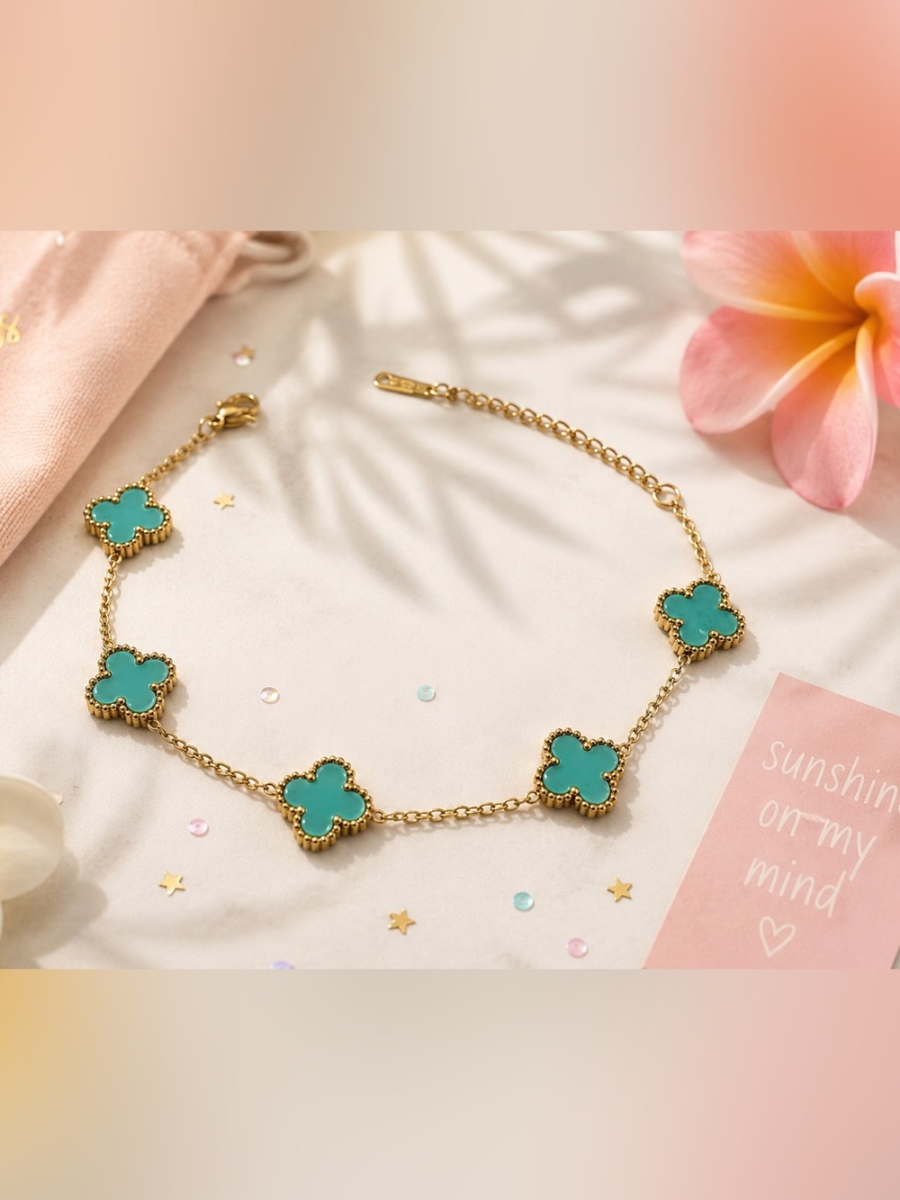 Gold Chain Bracelet with Turquoise Clover Charms - Women Jewelry